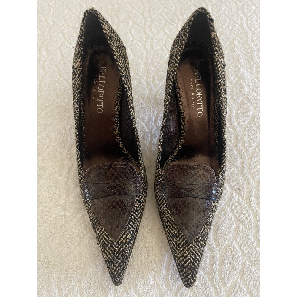BELLOFATTO Sz 6.5 Italian Herringbone & Snakeskin Stilettos Women's Brown Shoes